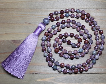 Jaspis Mala Perlen, Jaspis Mala, Jaspis Halskette, Edelstein Schmuck, Yoga Geschenk für Frauen, Meditation Perlen, spiritueller Schmuck, Quaste Halskette