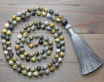 Bumblebee Jasper Necklace, Jasper Mala Beads, Gemstone Knotted Necklace, 108 Mala Beads, Yoga Necklace, Meditation Jewelry, Mindfulness Gift