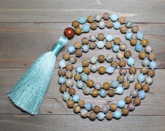 Amazonite Mala Necklace, Amazonite Mala, Amazonite Mala Beads, Boho Tassel Necklace, Long Statement Necklace, Yoga Gifts for Women, Mala 108