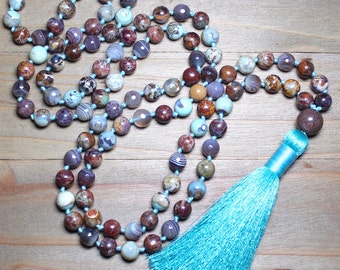 Jasper and Agate Mala, 108 Mala Beads, Japa Mala, Yoga Meditation Gift, Beaded Tassel Necklace, Hand Knotted Mala, Brown Turquoise Jewelry