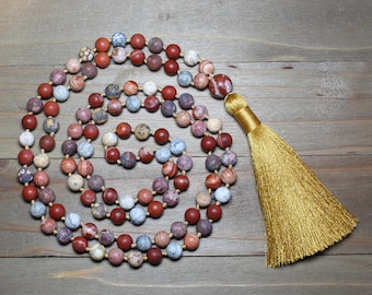 108 Perle Mala Halskette, Achtsamkeit atmen Halskette, 108 Mala, 108 Mala Perlen, lange Quaste Halskette, rote Jaspis Mala Perlen, Yoga-Geschenke