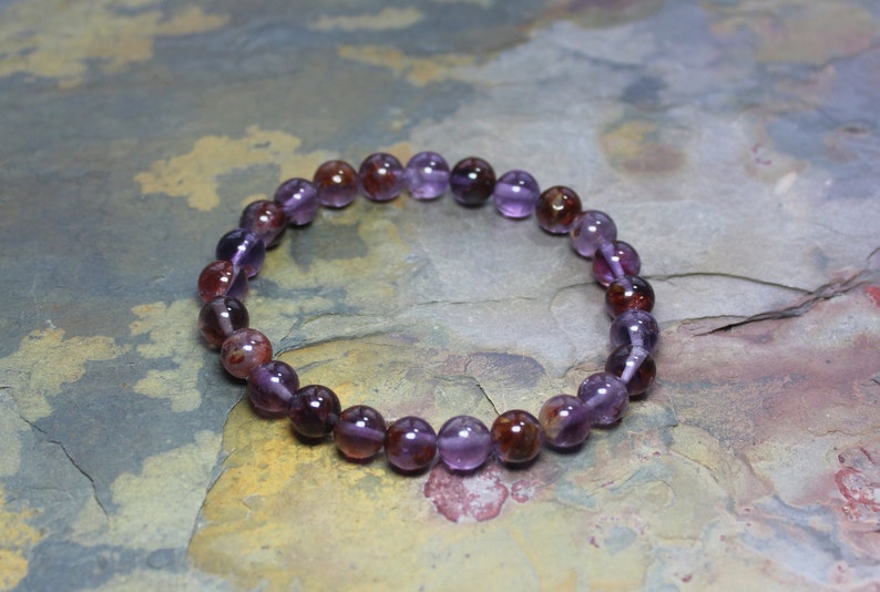 Amethyst Bead Bracelet, Stack Bead Bracelet, Stretch Bead Bracelet, Cacoxenite Amethyst, Amethyst Crystal, Purple Phantom Quartz, Mala Gift image 3