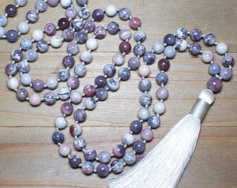 Porcelain Jasper Mala, Long Beaded Tassel Necklace, Meditation Beads, Jewelry for Yoga Mom, Self Care Gift for Women, Mala Beads Necklace