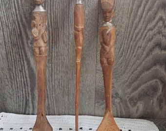 Vintage wooden fork and spoon, carved knife, hand made fork and spoon, wooden  salad servers, kitchen wooden servers, old forks, old spoons