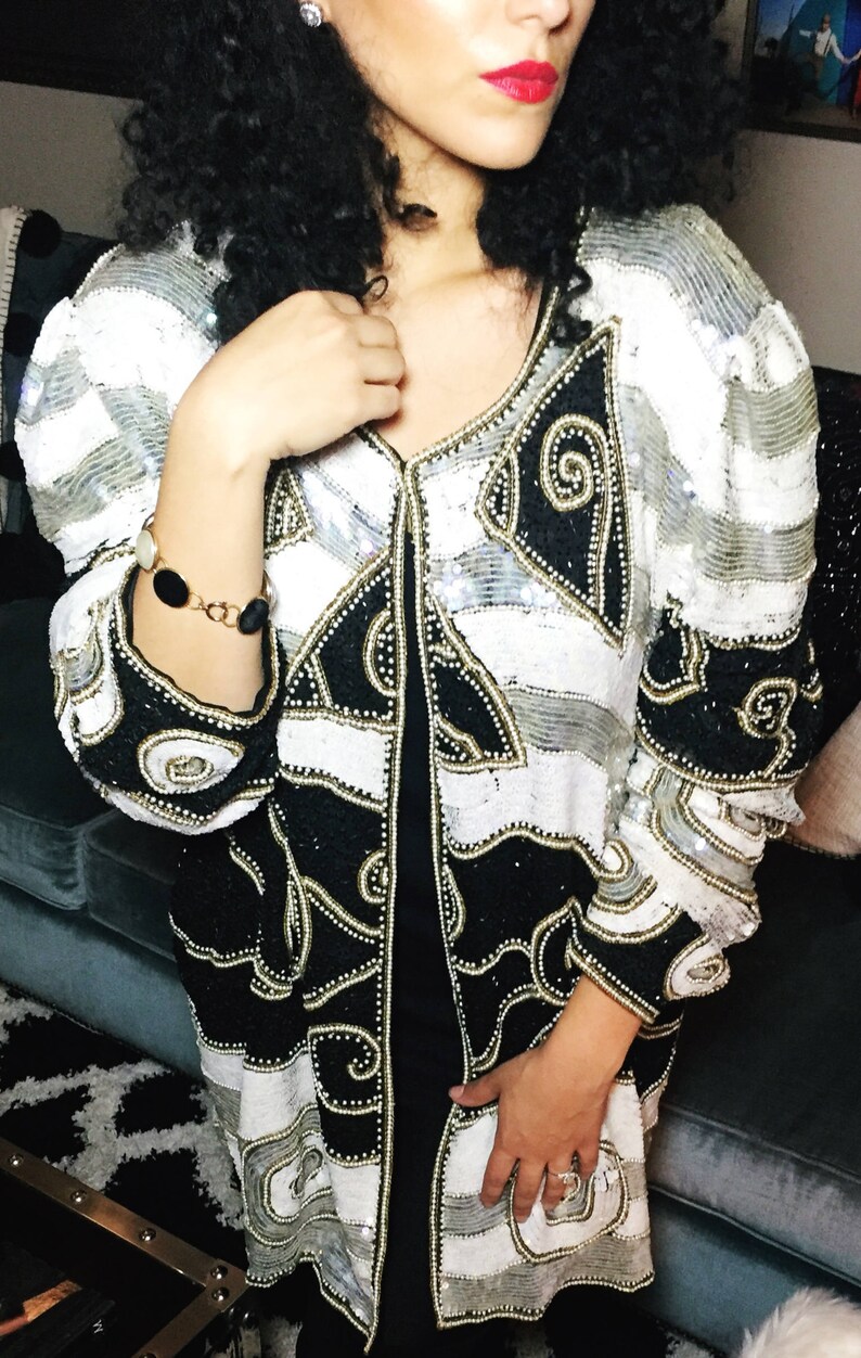 Holiday Outfit Evening Wear NYE/'s look Sequin /& Beaded Jacket Blazer Holiday Gift Attire Vintage 80s Silk Stage Wardrobe Party Wear