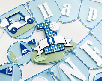 Hole in One First Birthday banner, Golf 1st birthday Party package, golf one banner, golf par-tee; Hole in one party hole in one cake topper