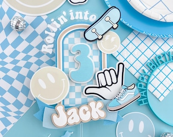 Skateboard Cake Topper, One happy dude cake topper, Smile Face Birthday, skateboard Party Decor, checkered Cake topper | Rad dude topper