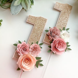 One year old cake topper, Floral cake topper, number 1 cake topper, one cake topper, glitter cake topper, cake smash cake topper