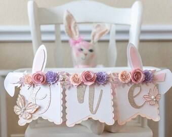 Bunny one high chair banner, Bunny floral banner, 1st birthday Bunny theme, Some bunny is one