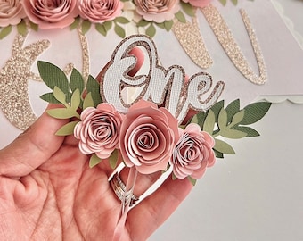 Floral Glitter One Cake Topper - Girl's First Birthday