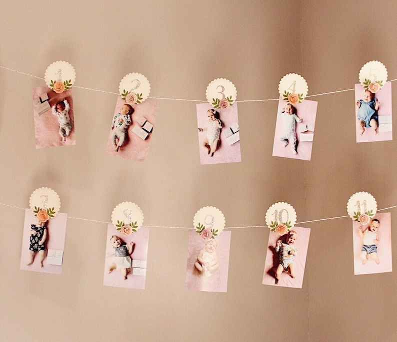 May include: A string of white scalloped circles with a floral design and a silver glitter number on each circle. Each circle is attached to a string with a clothespin and a photo of a baby. The photos are arranged in order from 1 to 11. The photos are all on a pink background.