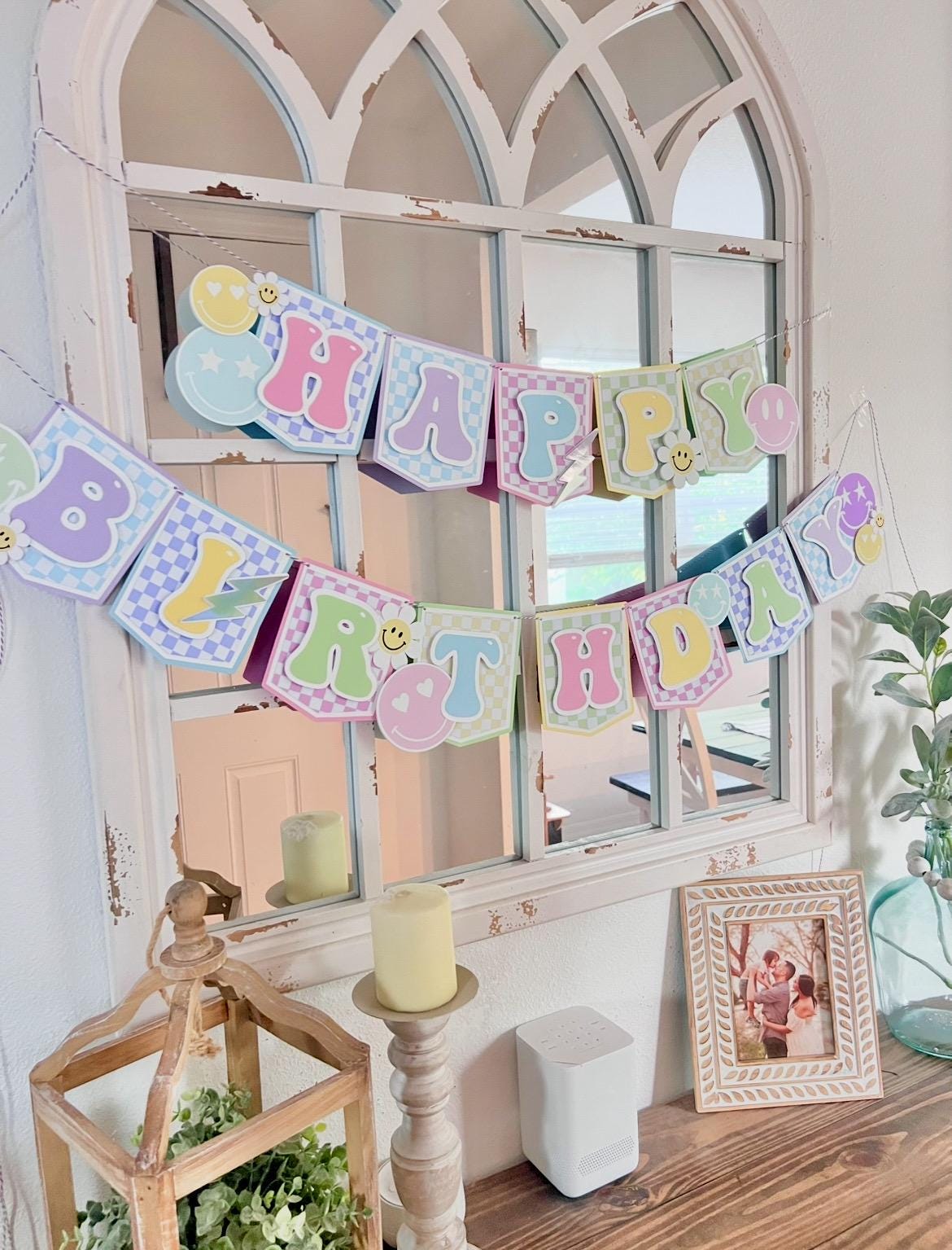 Happy face birthday banner, preppy birthday Banner, happy girl birthday, groovy banner, Happy Face Banner, Preppy party decor