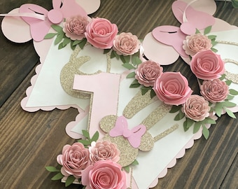 Minnie Mouse high chair banner, floral Minnie Mouse banner ,Minnie Mouse cake topper ,Minnie Mouse floral party decor