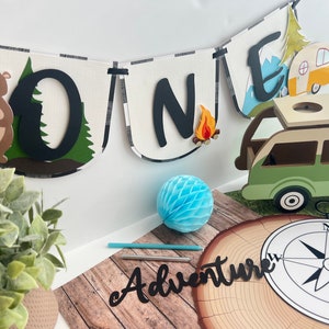 One Happy Camper high chair banner, little camper cake topper, camping theme birthday, National park cake topper, little explorer banner