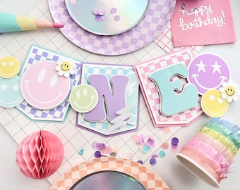 Happy Face High Chair Banner, one happy girl birthday, one happy babe banner, Happy Face Banner, Preppy party decor, ONE Happy Baby Banner