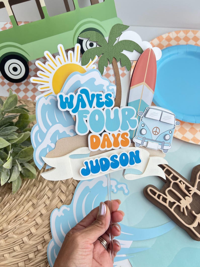 Waves Four Days Cake Topper, Surf Theme Party Retro Surf Birthday Party ...