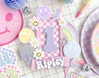 Happy Face cake topper, one happy girl birthday, one happy babe topper, Happy Face Banner, Preppy party decor, ONE Happy Baby cake topper