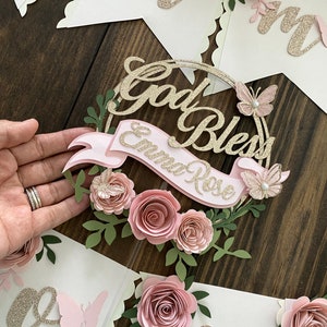 Christening cake topper, Baptism cake topper, god bless cake topper, floral party, god bless banner, christening banner