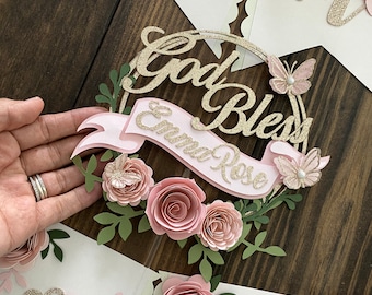 Adorno para tarta de bautizo, adorno para tarta de bautismo, adorno para tarta de Dios bendiga, fiesta floral, pancarta de Dios bendiga, pancarta de bautizo