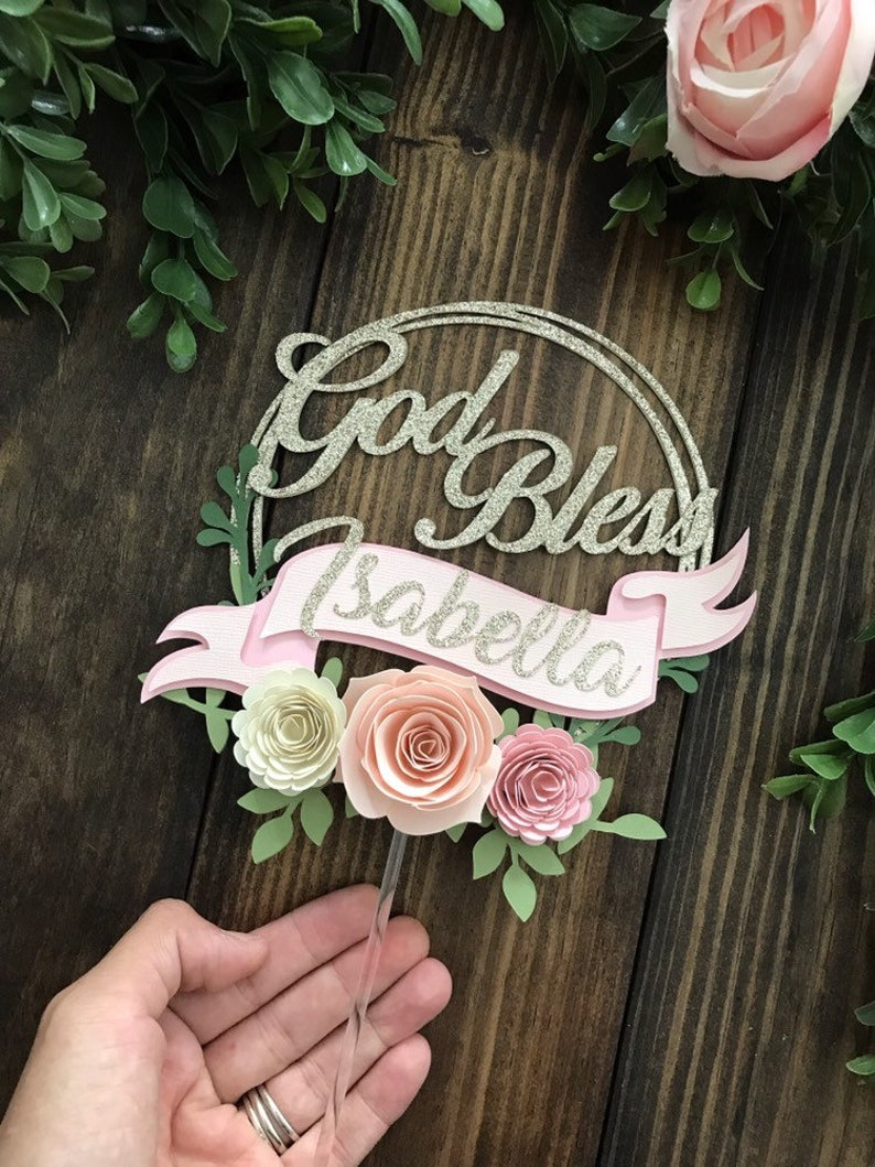 Personalized Baptism Cake Topper - Pink Floral Acrylic With Custom Name & Date - Christening Decor