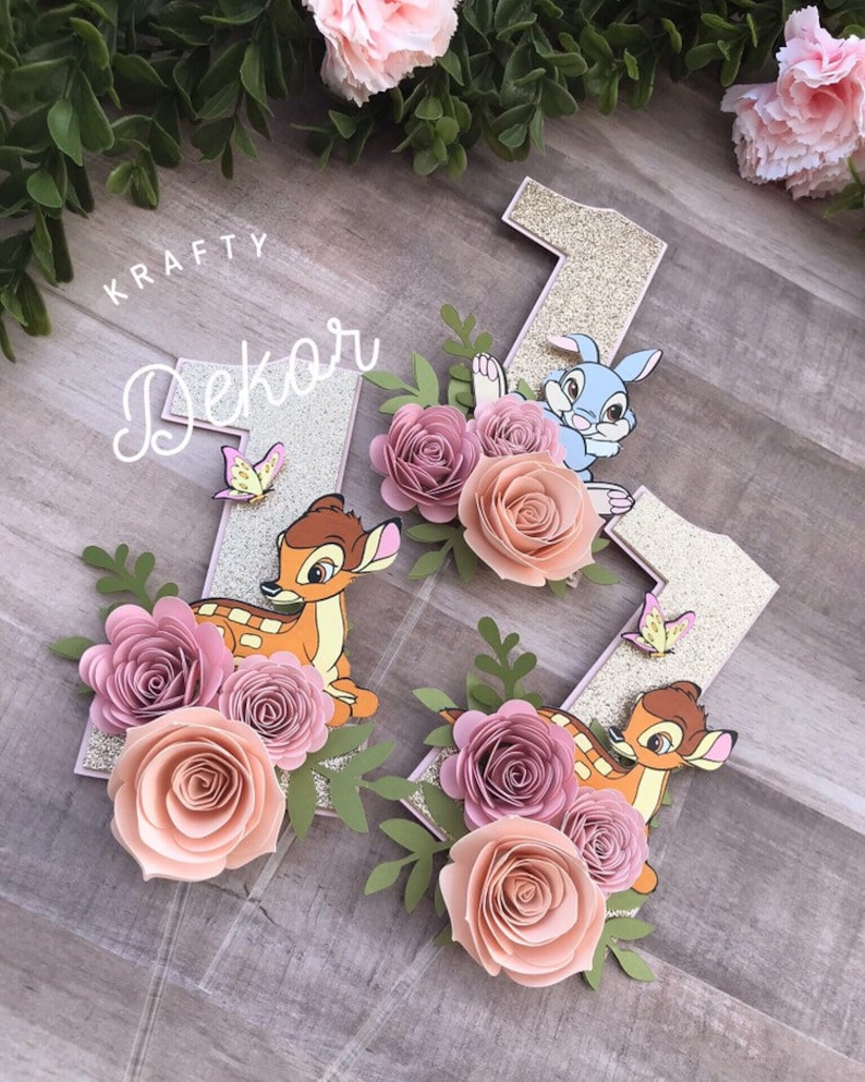 glitter cake topper one cake topper One year old cake topper bambi Floral cake topper Bambi cake topper Thumper decorations