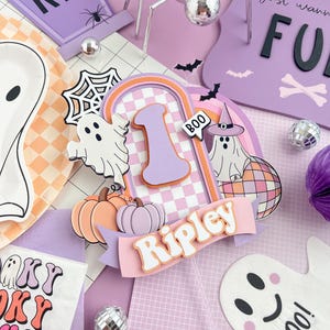 Spooky One Cake Topper – Retro Groovy Halloween 1st Birthday – Preppy Halloween Party Decor – Cute Ghost Cake Topper for Girl