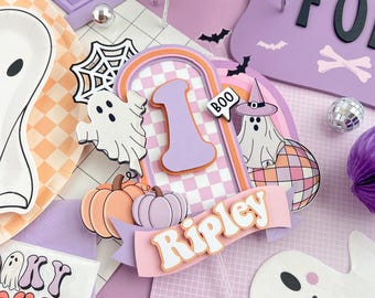 Spooky One Cake Topper – Retro Groovy Halloween 1st Birthday – Preppy Halloween Party Decor – Cute Ghost Cake Topper for Girl