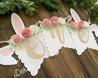 Bunny one high chair banner, Bunny floral banner, 1st birthday Bunny theme, Some bunny is one