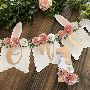 Bunny one high chair banner, Bunny floral banner, 1st birthday Bunny theme, Some bunny is one