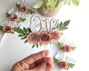 one cake topper, One Year Old Cake Topper, Floral Cake Topper, Glitter Cake Topper, Smash Cake , Girl Cake Topper,  cake smash cake topper