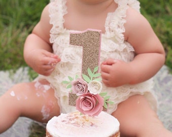 One year old cake topper, Floral cake topper, number 1 cake topper, one cake topper, glitter cake topper, cake smash floral cake topper,