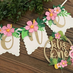 Tropical Highchair Banner, tropical high chair banner, flamingo birthday decor, smash cake banner, smash cake photo prop, luau first birth