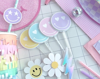 Smiley face Cupcake Topper, Happy Girl Decor, Happy Girl Birthday, Preppy party decor