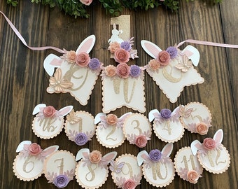 Bunny one high chair banner, Bunny floral banner, 1st birthday Bunny theme, Some bunny is one