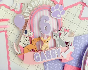 Let's Pawty Dog Birthday Cake Topper, Custom Name Age, Pink Purple Puppy Party Decor