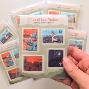 Set di quattro francobolli ~ Foglio di adesivi ~ Paesaggio ~ Tramonto ~ Alba ~ Orso polare ~ Pellicano ~ Adesivo animale fatto a mano ~ Animale carino ~ Idea regalo