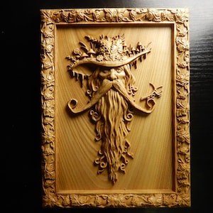 Holz geschnitztes Bild Wanddekoration Plakette. Geist des Waldes