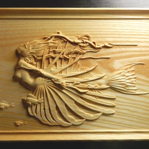 Wood carved picture wall decoration plaque. Fish woman, Mermaid. Perfect gift