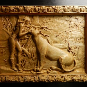 Wood carved picture wall decoration plaque. Young woman and lioness . Perfect gift
