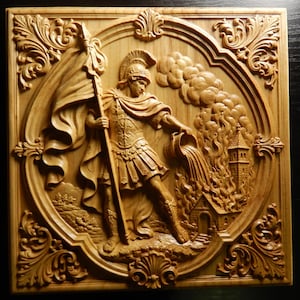May include: A square wooden wall plaque featuring a detailed relief carving of a Roman soldier in armor and a helmet. The figure holds a tall flag in one hand and pours water from a bucket onto a burning building with a tower in the background.