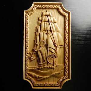 Wood carved picture wall decoration plaque. Sailboat. Perfect gift