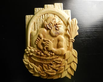 Wood carved picture. Old man taking bath. Perfect funny sauna bania decoration