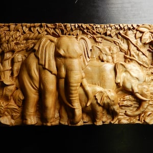 Wood carved picture wall decoration plaque. Elephants in jungle. Perfect gift