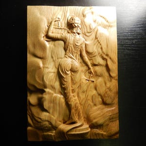 Wood carved picture wall decoration plaque.  Themis - goddess of justice. Perfect gift lawyer&#39;s office decoration