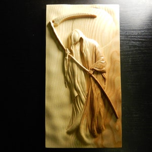 Wood carved picture wall decoration plaque. Grim the Reaper. Death