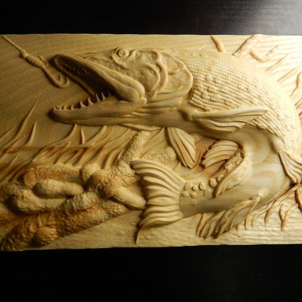 Wood carved picture wall decoration plaque. Pike fish catching bait