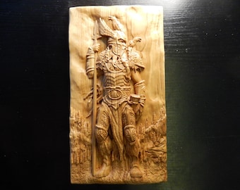Placa decorativa de pared con imagen tallada en madera. Odín y los cuervos n.º 2. Regalo perfecto.