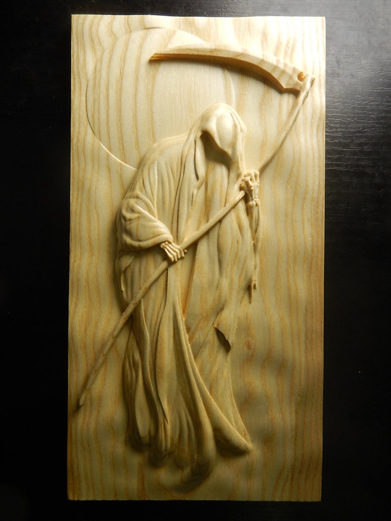Wood carved picture wall decoration plaque. Grim the Reaper. Etsy