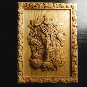 Wood carved picture wall decoration plaque. Spirit of the flowers. Perfect gift