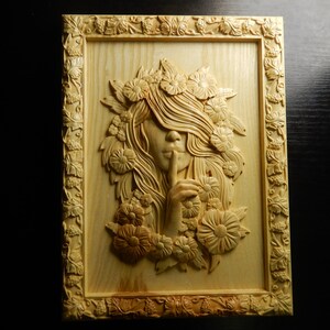 Wood carved picture wall decoration plaque. Spirit of the flowers. Perfect gift